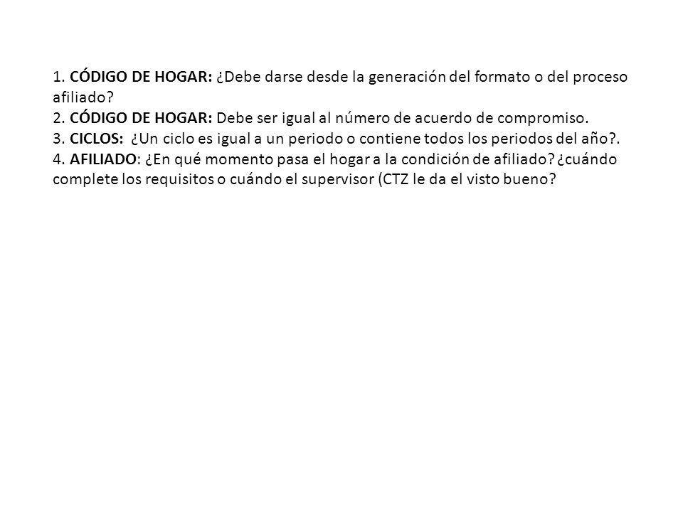 1. CÓDIGO DE HOGAR: ¿Debe darse desde la generación del formato o del proceso