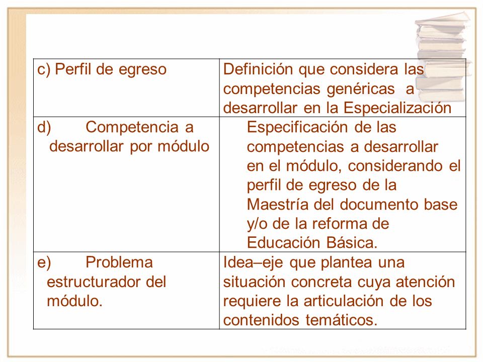 c) Perfil de egreso Definición que considera las competencias genéricas a desarrollar en la Especialización.