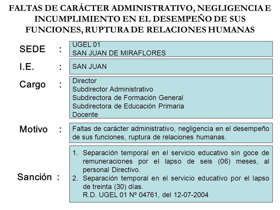 SEDE : I.E. : Cargo : Motivo : Sanción :