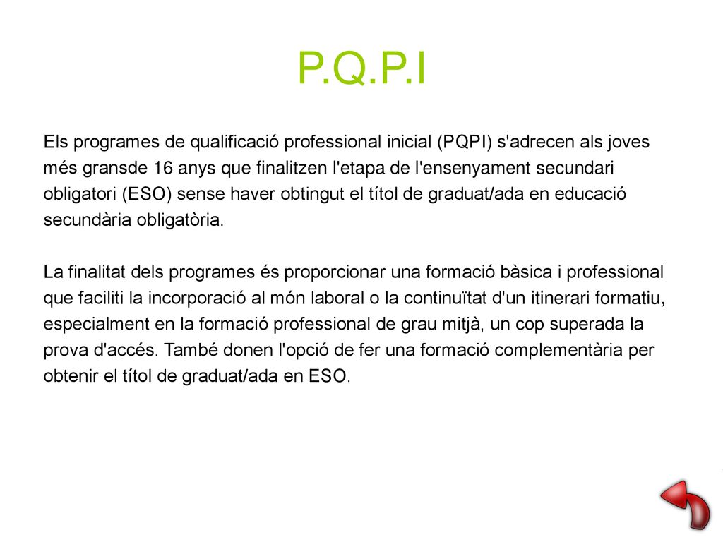 P.Q.P.I Els programes de qualificació professional inicial (PQPI) s adrecen als joves.