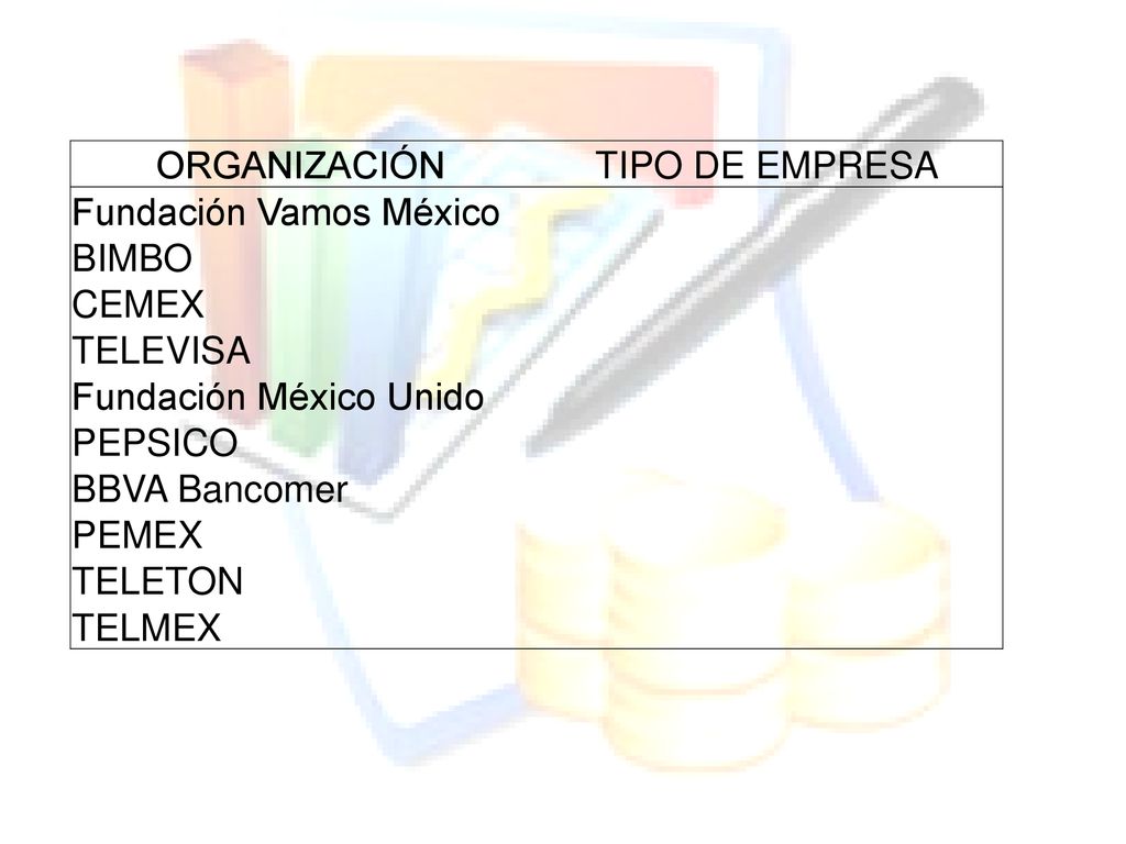 ORGANIZACIÓN TIPO DE EMPRESA. Fundación Vamos México. BIMBO. CEMEX. TELEVISA. Fundación México Unido.