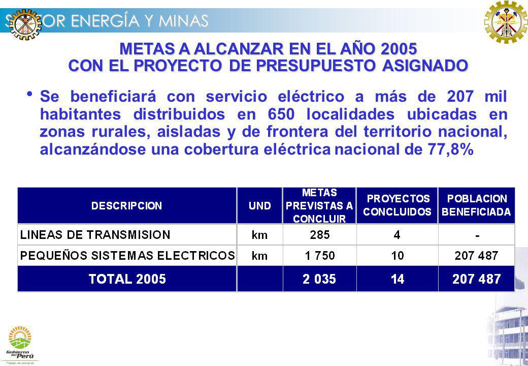 METAS A ALCANZAR EN EL AÑO 2005 CON EL PROYECTO DE PRESUPUESTO ASIGNADO