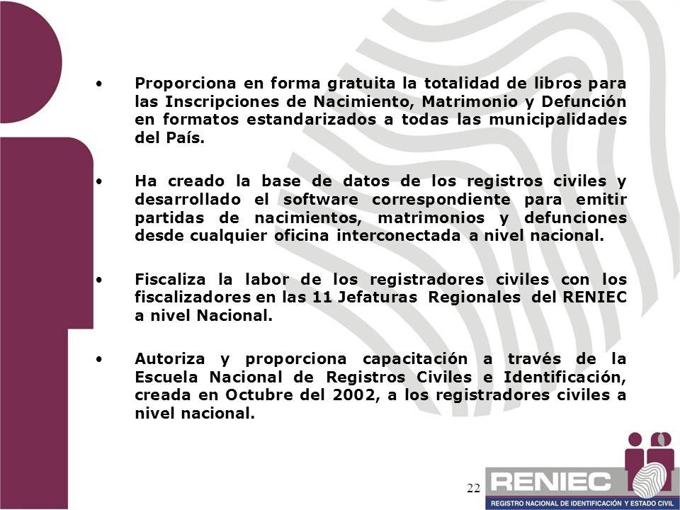 Proporciona en forma gratuita la totalidad de libros para las Inscripciones de Nacimiento, Matrimonio y Defunción en formatos estandarizados a todas las municipalidades del País.