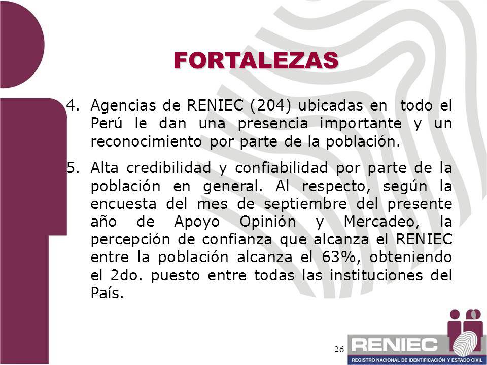 FORTALEZAS Agencias de RENIEC (204) ubicadas en todo el Perú le dan una presencia importante y un reconocimiento por parte de la población.