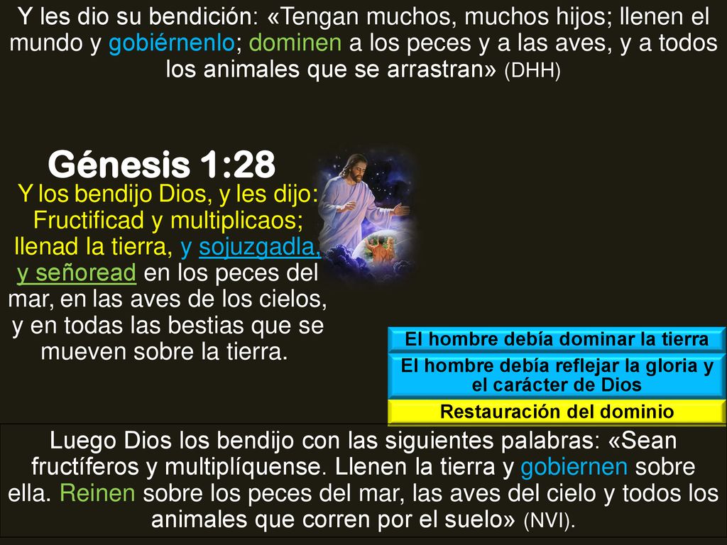 Y les dio su bendición: «Tengan muchos, muchos hijos; llenen el mundo y gobiérnenlo; dominen a los peces y a las aves, y a todos los animales que se arrastran» (DHH)