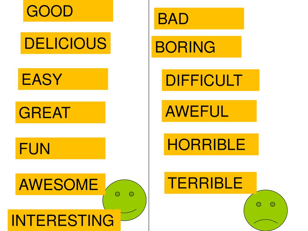 bueno GOOD. BAD. malo. delicioso. DELICIOUS. BORING. aburrido. EASY. Fácil (easy) DIFFICULT.