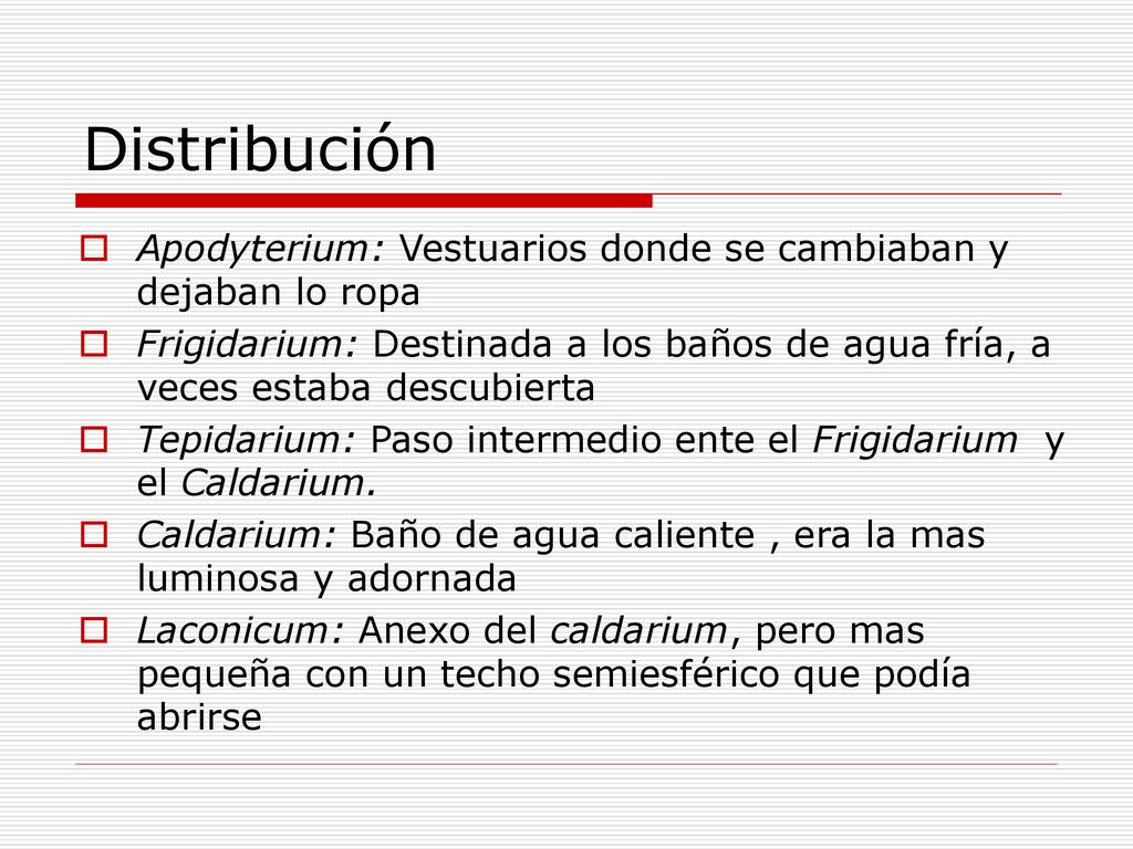 Distribución Apodyterium: Vestuarios donde se cambiaban y dejaban lo ropa.
