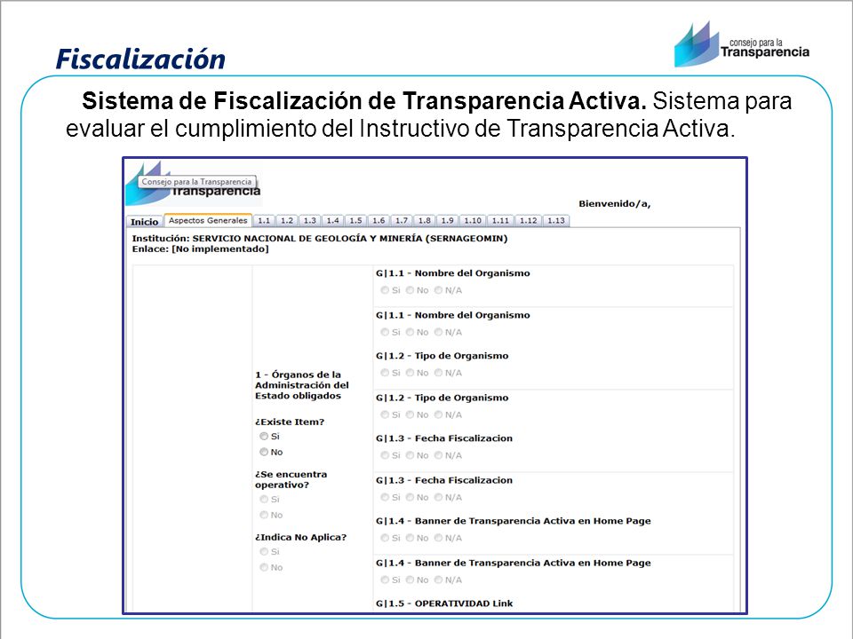 Fiscalización Sistema de Fiscalización de Transparencia Activa. Sistema para evaluar el cumplimiento del Instructivo de Transparencia Activa.