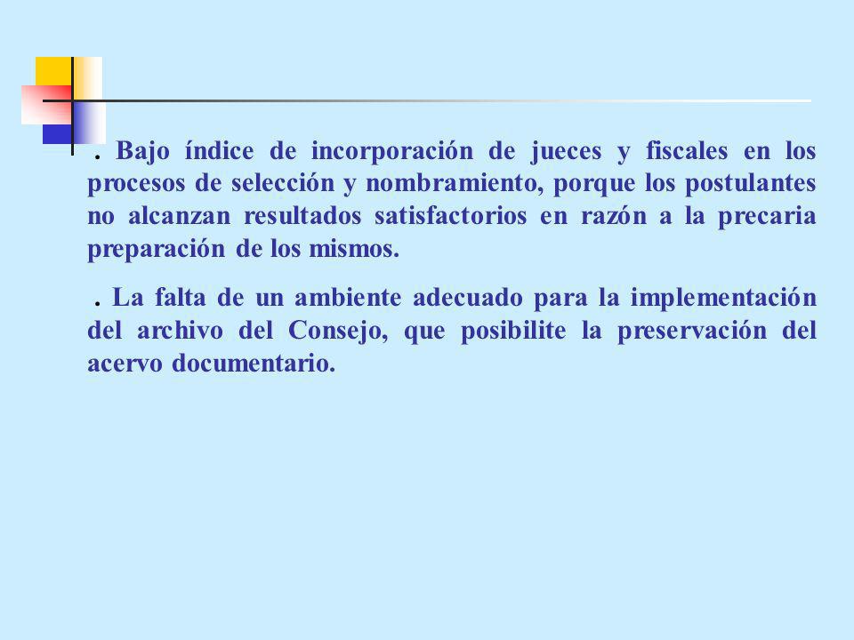 . Bajo índice de incorporación de jueces y fiscales en los procesos de selección y nombramiento, porque los postulantes no alcanzan resultados satisfactorios en razón a la precaria preparación de los mismos.