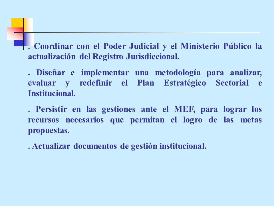 . Coordinar con el Poder Judicial y el Ministerio Público la actualización del Registro Jurisdiccional.
