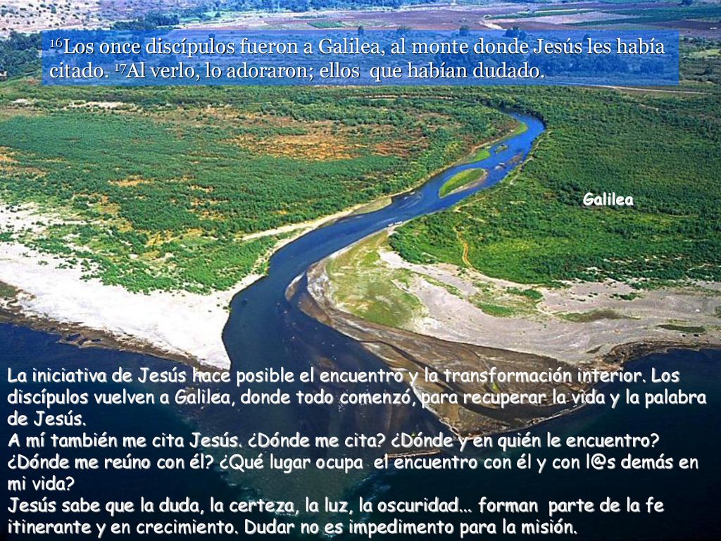 16Los once discípulos fueron a Galilea, al monte donde Jesús les había citado. 17Al verlo, lo adoraron; ellos que habían dudado.