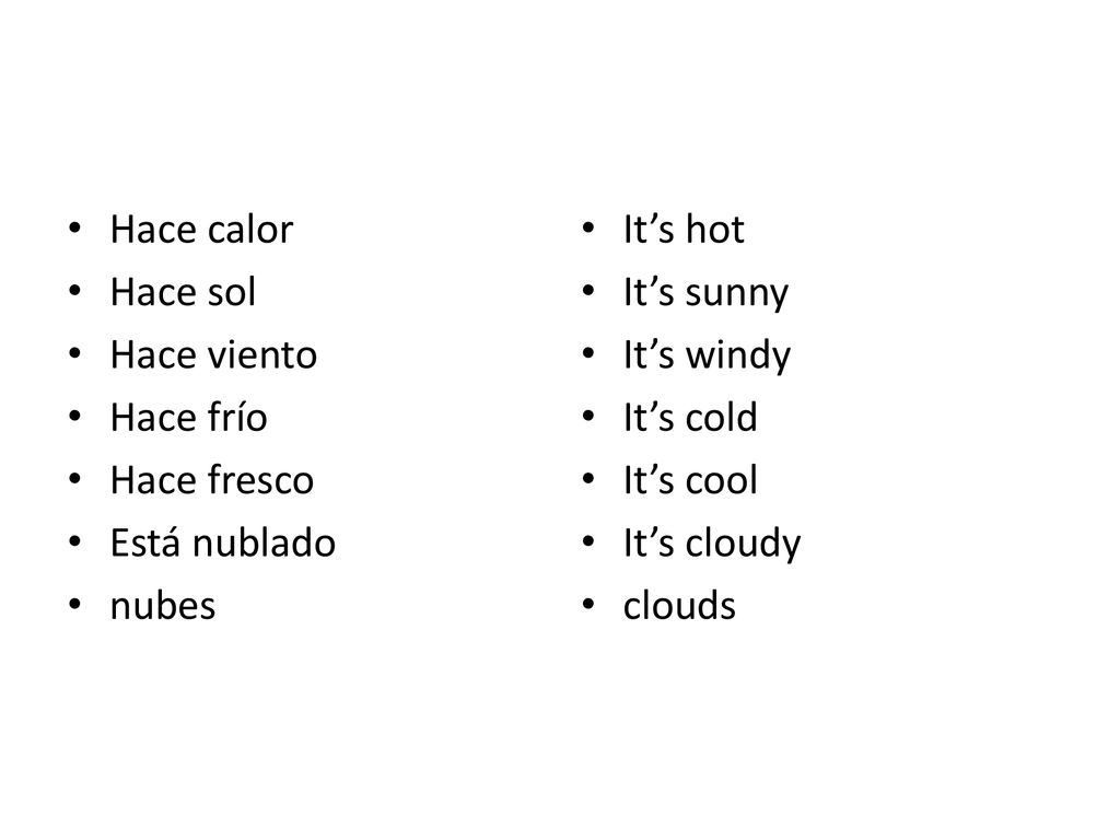 Hace calor Hace sol. Hace viento. Hace frío. Hace fresco. Está nublado. nubes. It’s hot. It’s sunny.