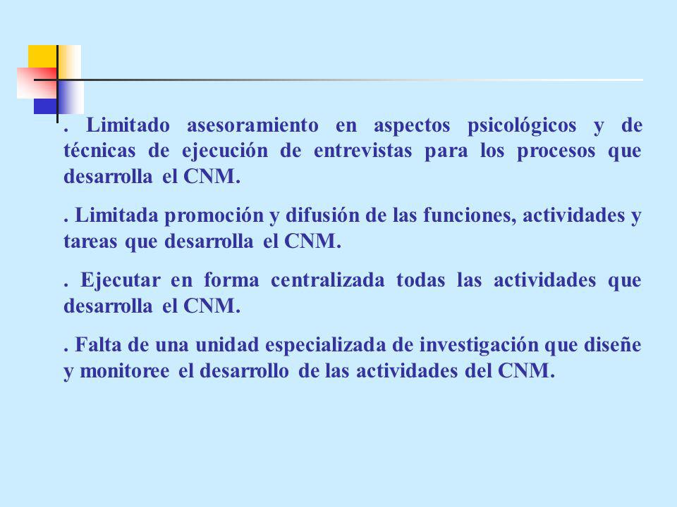 . Limitado asesoramiento en aspectos psicológicos y de técnicas de ejecución de entrevistas para los procesos que desarrolla el CNM.