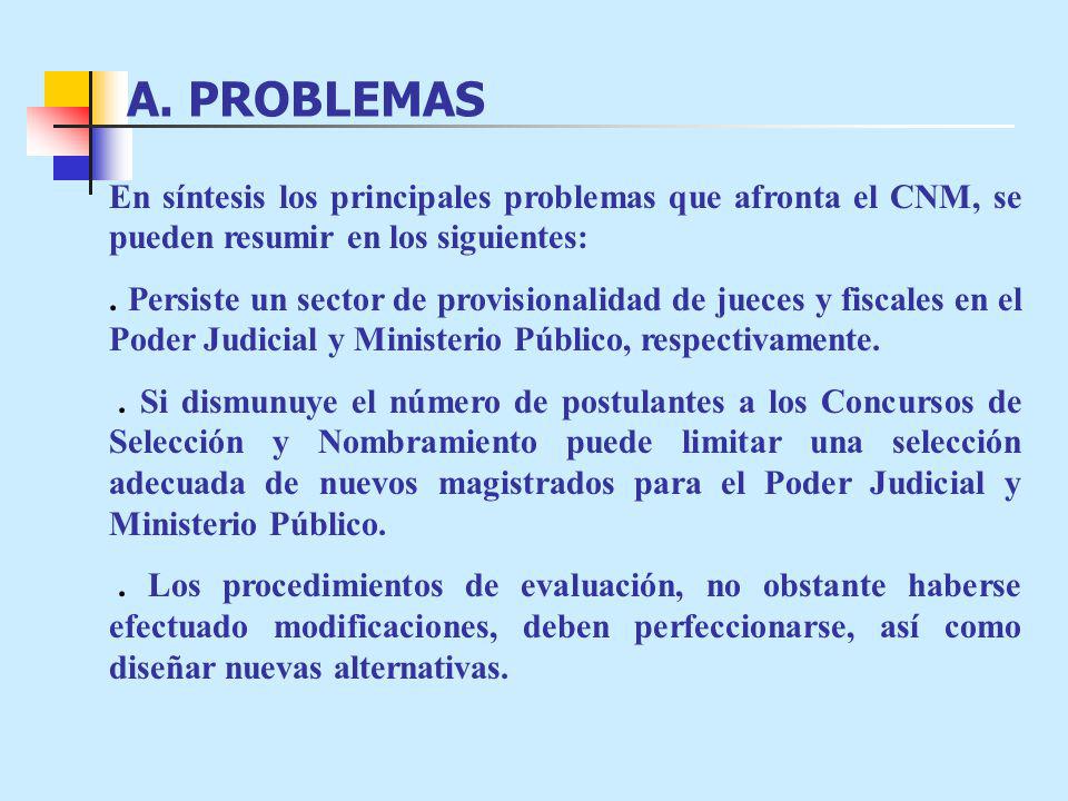 A. PROBLEMAS En síntesis los principales problemas que afronta el CNM, se pueden resumir en los siguientes: