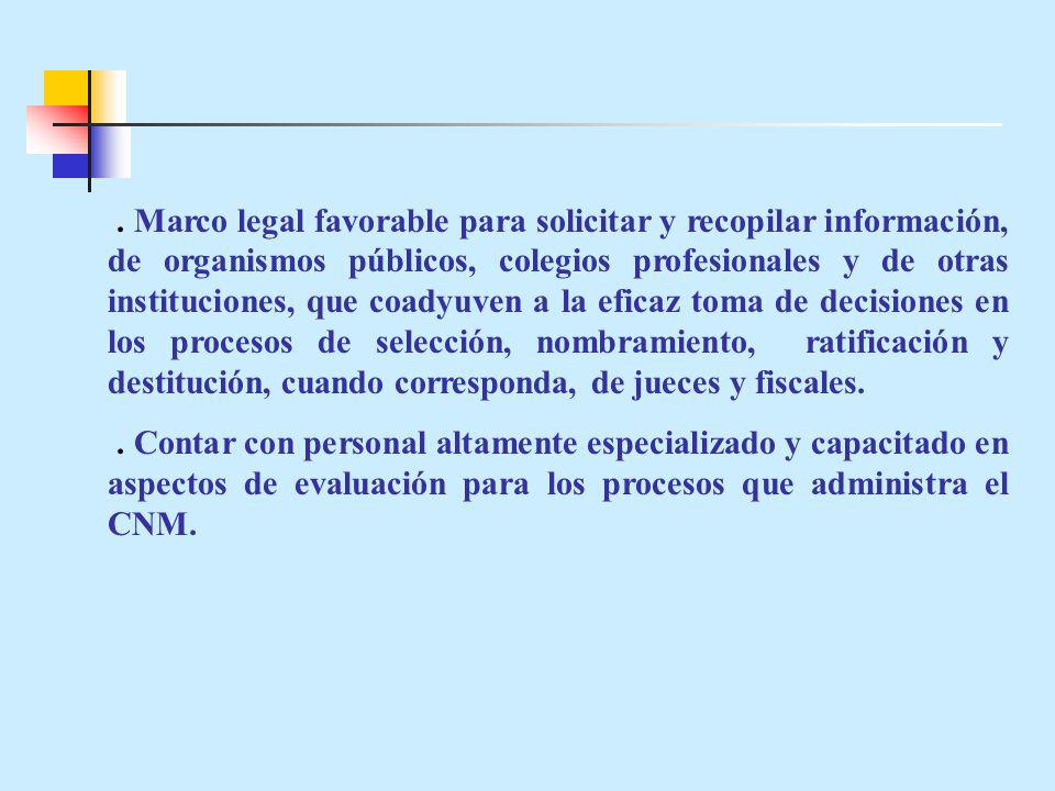 . Marco legal favorable para solicitar y recopilar información, de organismos públicos, colegios profesionales y de otras instituciones, que coadyuven a la eficaz toma de decisiones en los procesos de selección, nombramiento, ratificación y destitución, cuando corresponda, de jueces y fiscales.