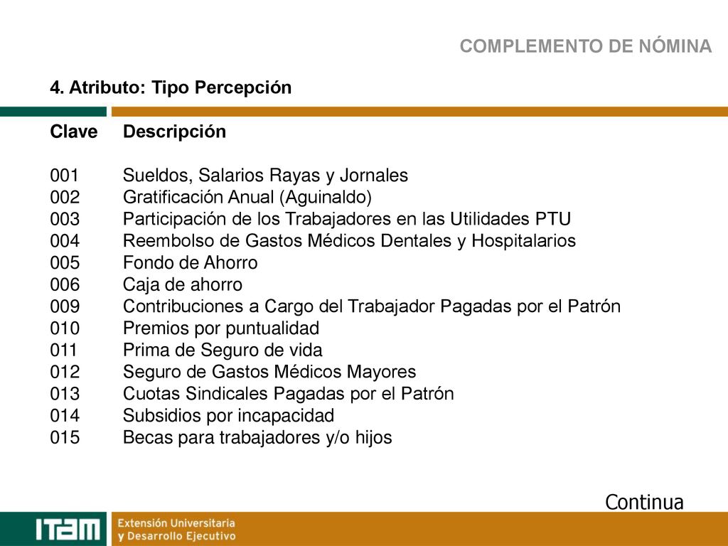 Continua COMPLEMENTO DE NÓMINA 4. Atributo: Tipo Percepción