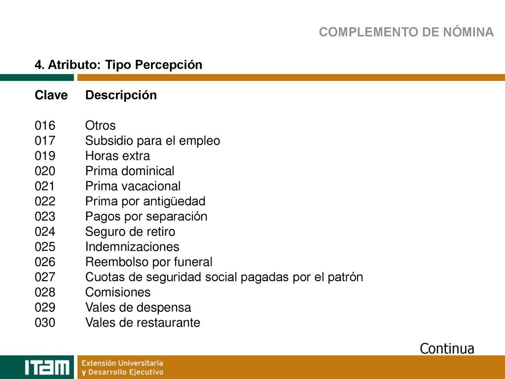 Continua COMPLEMENTO DE NÓMINA 4. Atributo: Tipo Percepción