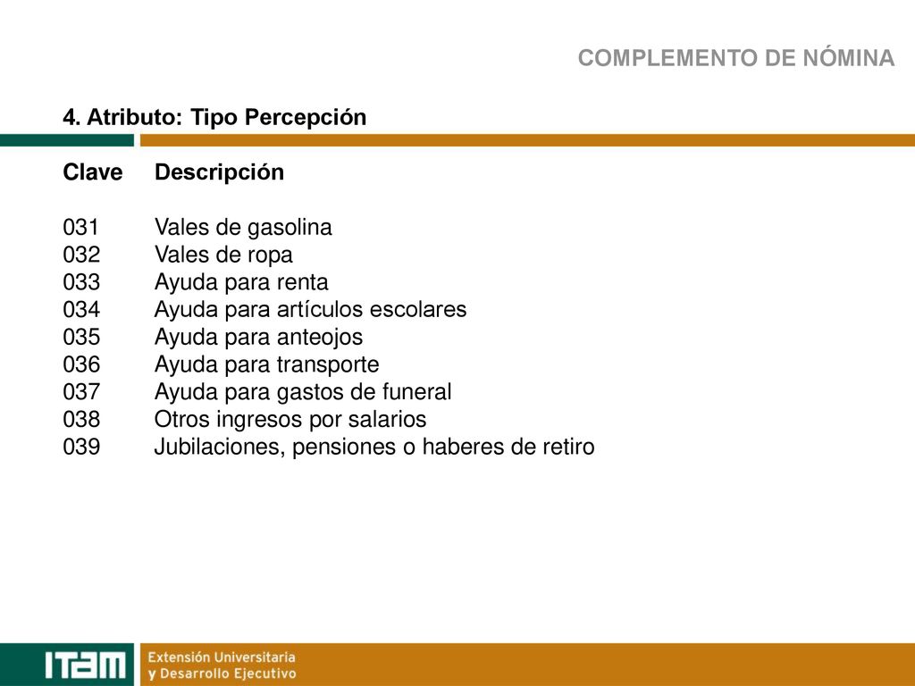 COMPLEMENTO DE NÓMINA 4. Atributo: Tipo Percepción. Clave Descripción. 031 Vales de gasolina. 032 Vales de ropa.