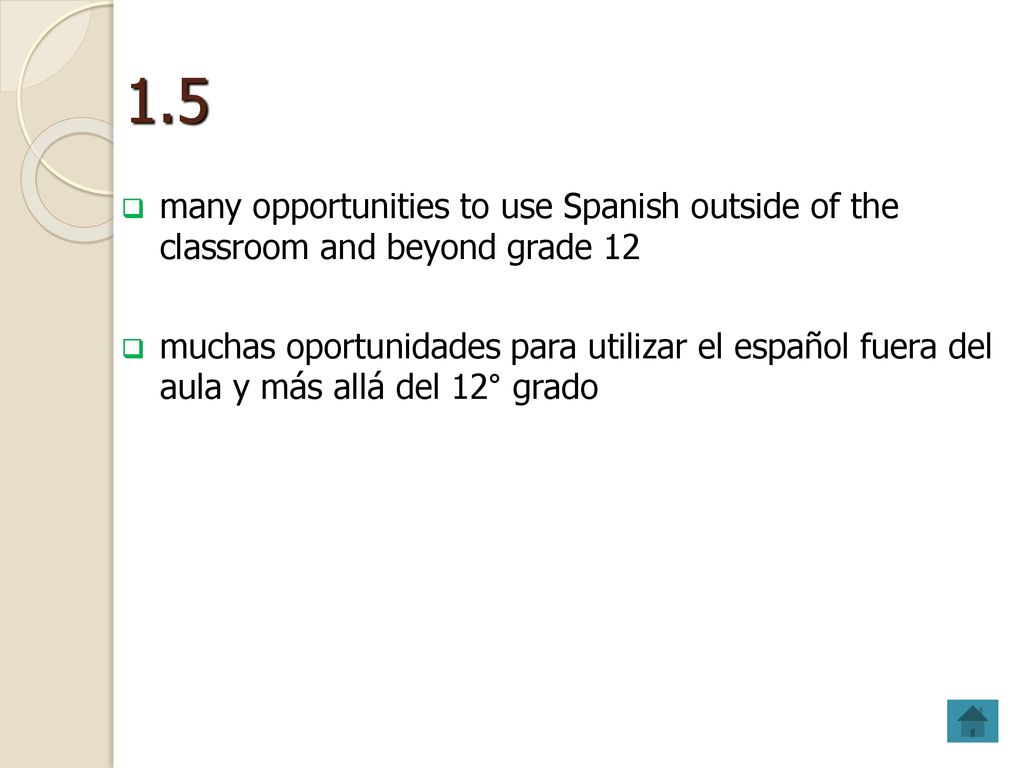 1.5 many opportunities to use Spanish outside of the classroom and beyond grade 12.