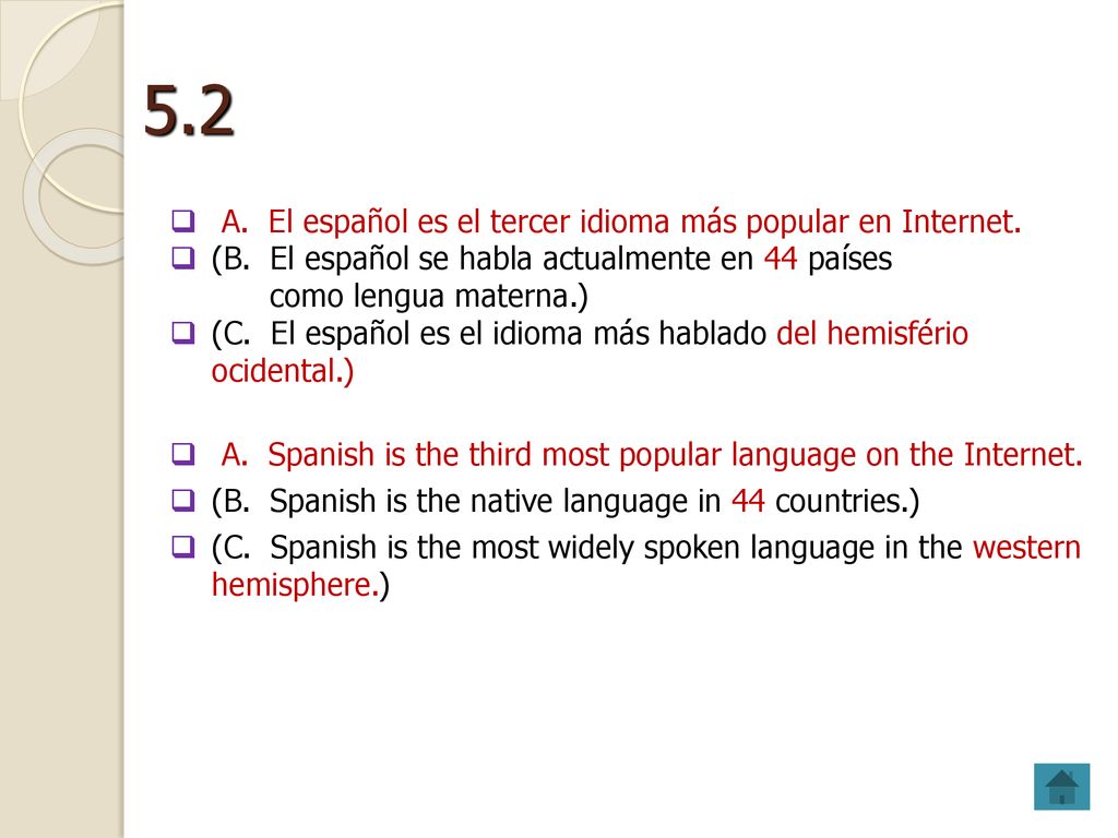 5.2 A. El español es el tercer idioma más popular en Internet.