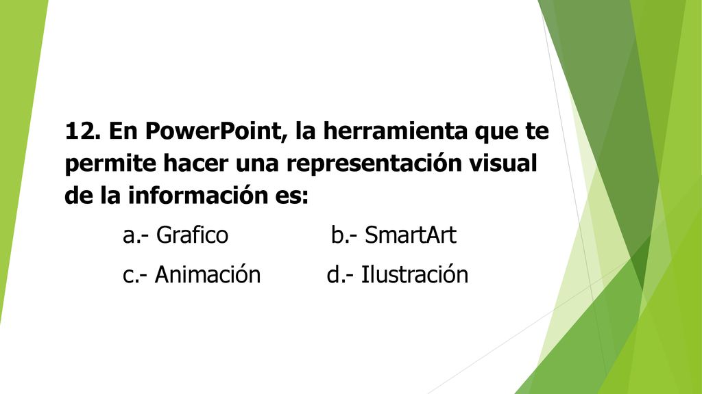 12. En PowerPoint, la herramienta que te permite hacer una representación visual de la información es: