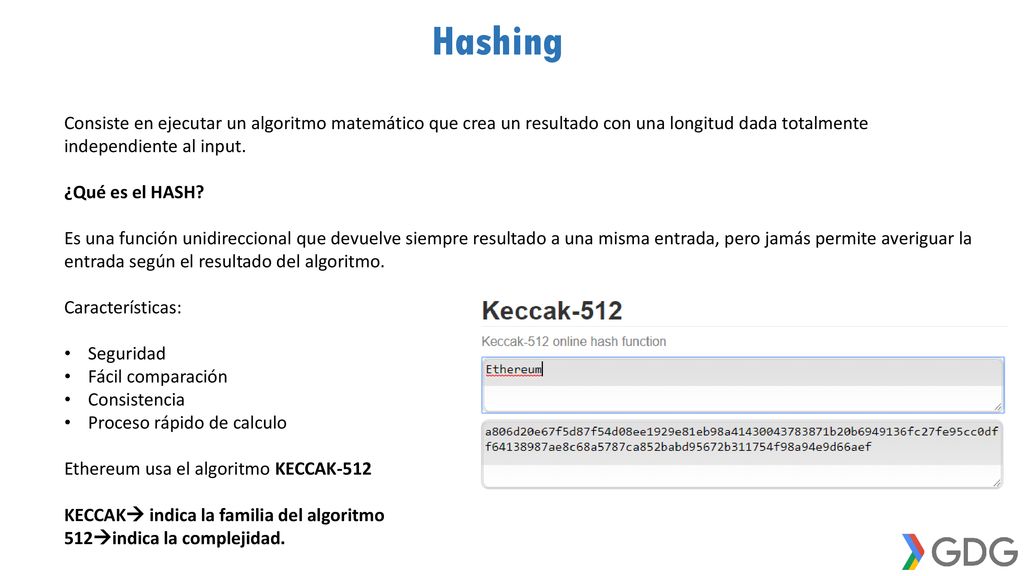 Hashing Consiste en ejecutar un algoritmo matemático que crea un resultado con una longitud dada totalmente independiente al input.