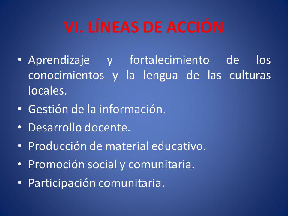 VI. LÍNEAS DE ACCIÓN Aprendizaje y fortalecimiento de los conocimientos y la lengua de las culturas locales.