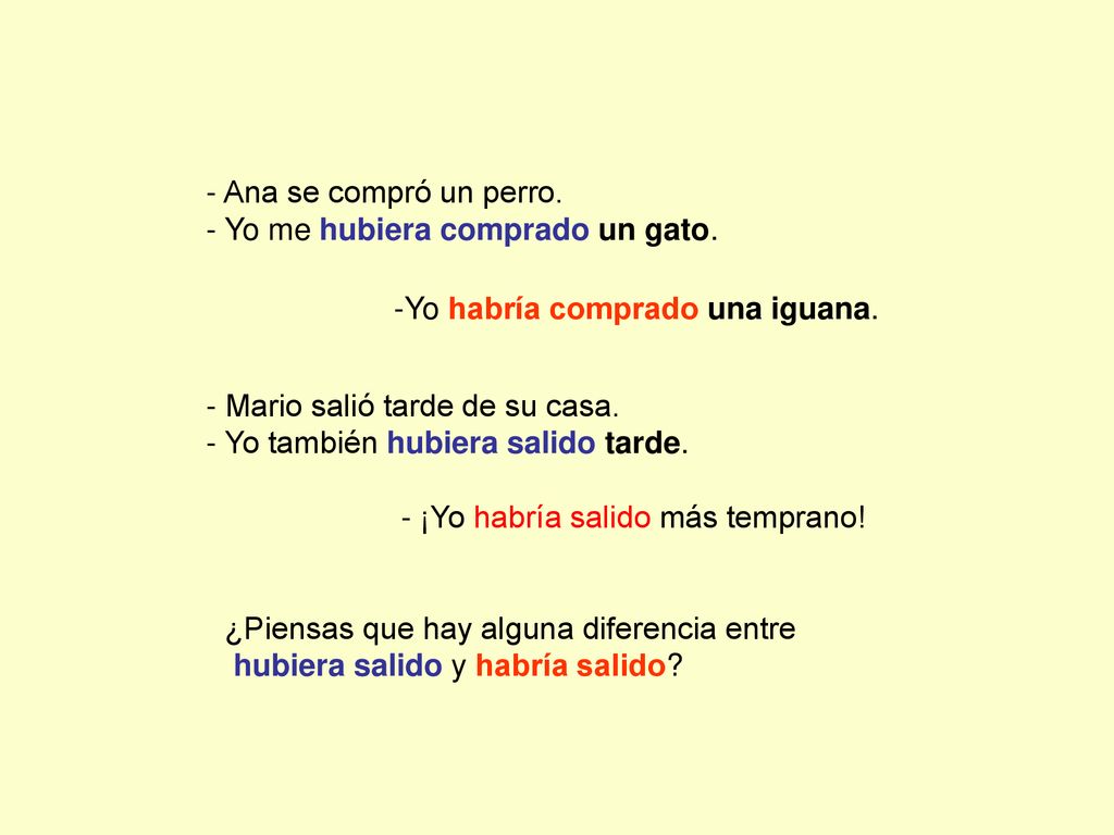 - Ana se compró un perro. - Yo me hubiera comprado un gato. -Yo habría comprado una iguana. - Mario salió tarde de su casa.