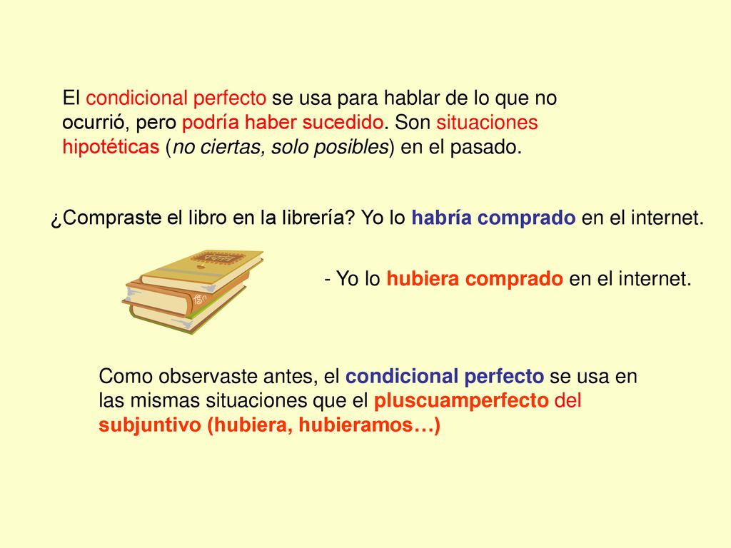 El condicional perfecto se usa para hablar de lo que no ocurrió, pero podría haber sucedido. Son situaciones hipotéticas (no ciertas, solo posibles) en el pasado.