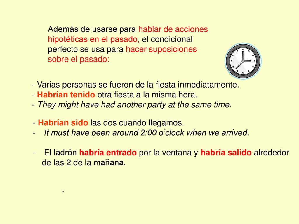 Además de usarse para hablar de acciones hipotéticas en el pasado, el condicional perfecto se usa para hacer suposiciones sobre el pasado: