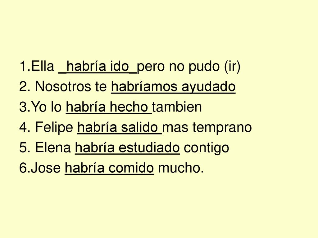 1. Ella _habría ido_pero no pudo (ir) 2