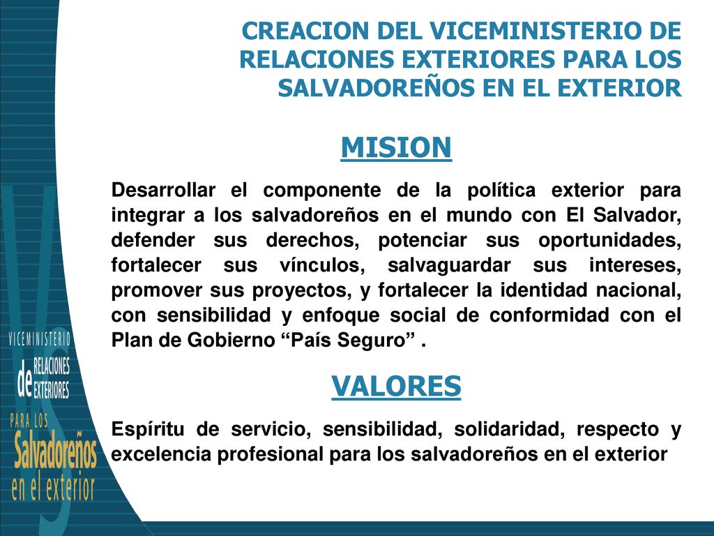CREACION DEL VICEMINISTERIO DE RELACIONES EXTERIORES PARA LOS SALVADOREÑOS EN EL EXTERIOR