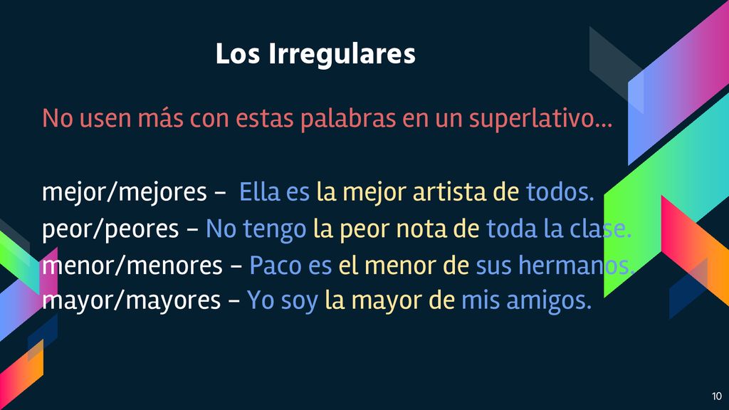 Los Irregulares No usen más con estas palabras en un superlativo...