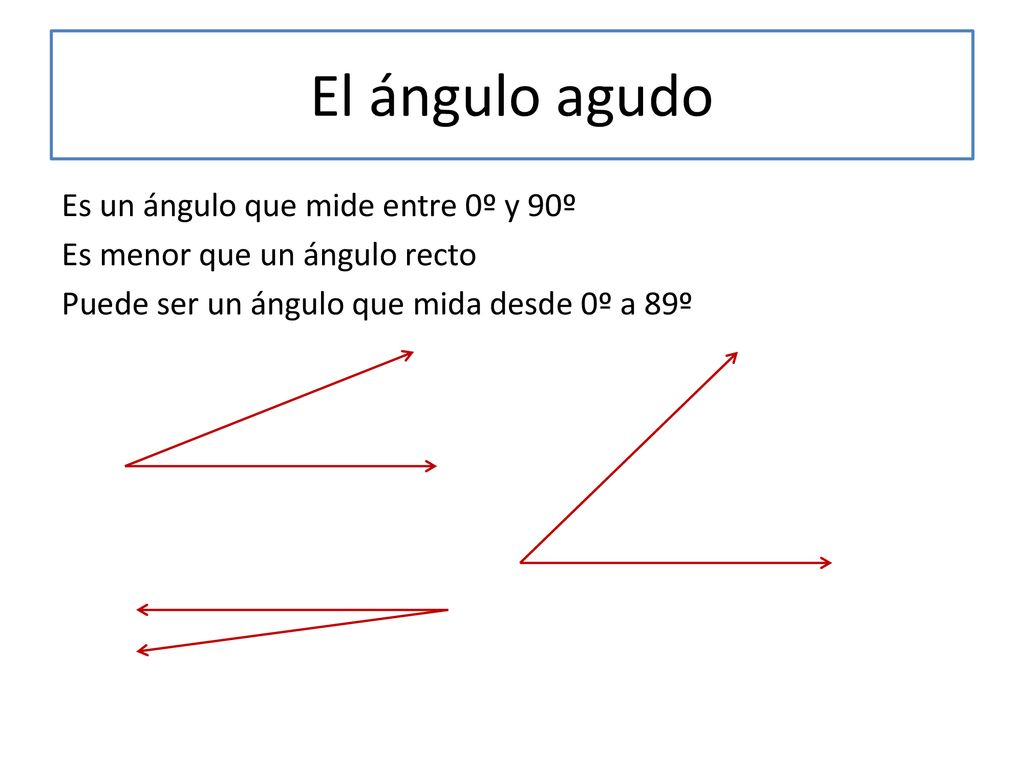 El ángulo agudo Es un ángulo que mide entre 0º y 90º Es menor que un ángulo recto Puede ser un ángulo que mida desde 0º a 89º