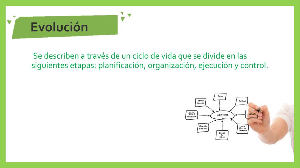 Evolución Se describen a través de un ciclo de vida que se divide en las siguientes etapas: planificación, organización, ejecución y control.