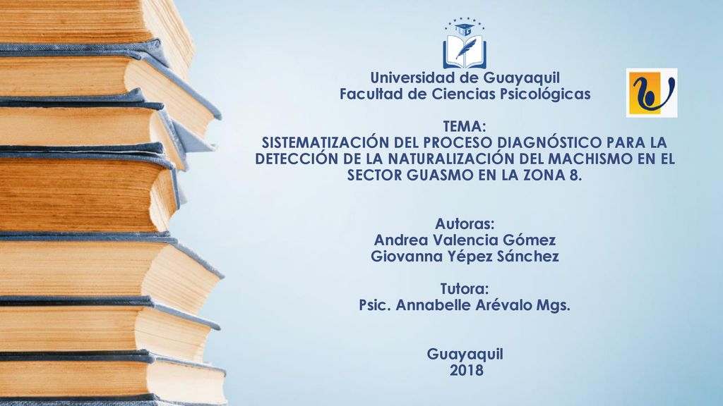 Universidad de Guayaquil Facultad de Ciencias Psicológicas TEMA: SISTEMATIZACIÓN DEL PROCESO DIAGNÓSTICO PARA LA DETECCIÓN DE LA NATURALIZACIÓN DEL MACHISMO EN EL SECTOR GUASMO EN LA ZONA 8.