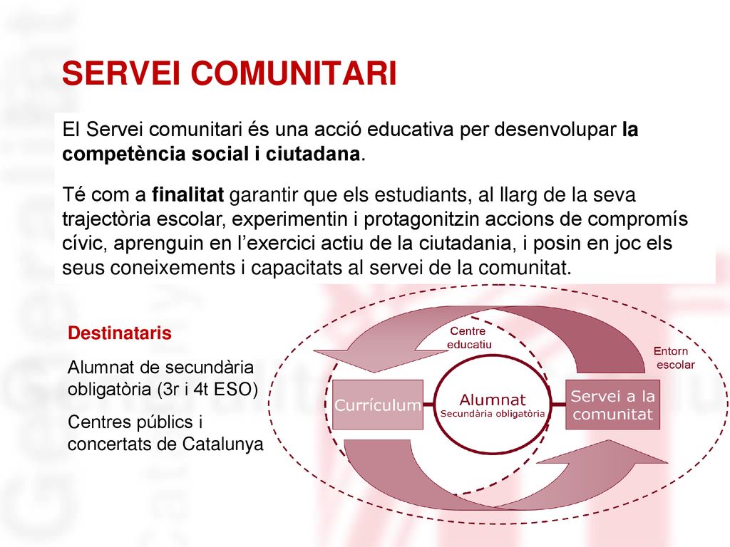 SERVEI COMUNITARI El Servei comunitari és una acció educativa per desenvolupar la competència social i ciutadana.