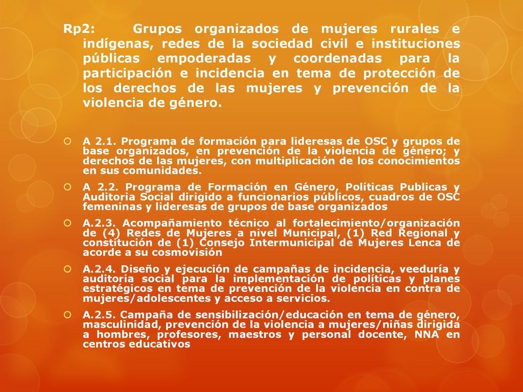 Rp2: Grupos organizados de mujeres rurales e indígenas, redes de la sociedad civil e instituciones públicas empoderadas y coordenadas para la participación e incidencia en tema de protección de los derechos de las mujeres y prevención de la violencia de género.