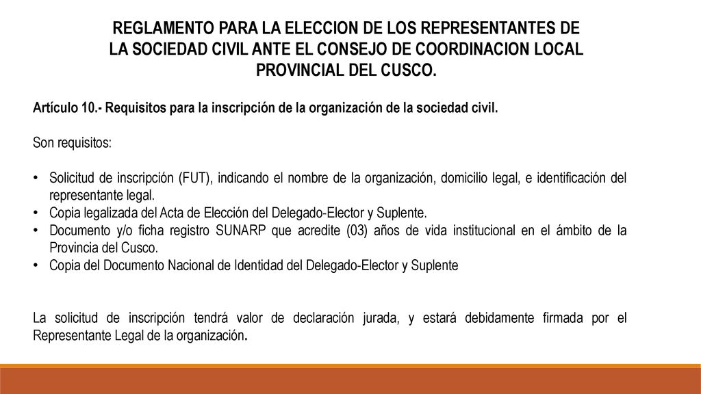 REGLAMENTO PARA LA ELECCION DE LOS REPRESENTANTES DE LA SOCIEDAD CIVIL ANTE EL CONSEJO DE COORDINACION LOCAL PROVINCIAL DEL CUSCO.