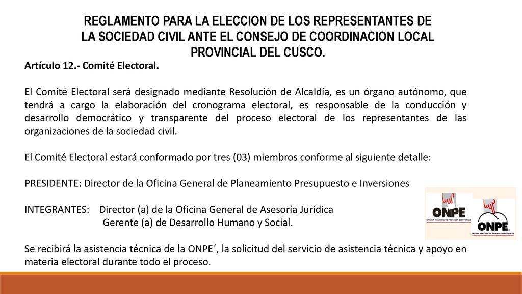 REGLAMENTO PARA LA ELECCION DE LOS REPRESENTANTES DE LA SOCIEDAD CIVIL ANTE EL CONSEJO DE COORDINACION LOCAL PROVINCIAL DEL CUSCO.