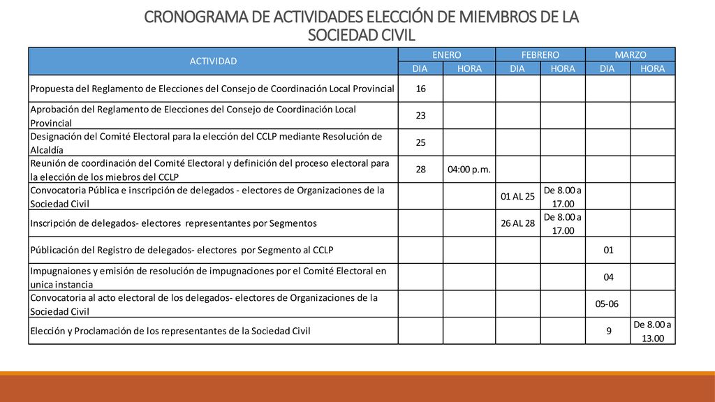 CRONOGRAMA DE ACTIVIDADES ELECCIÓN DE MIEMBROS DE LA SOCIEDAD CIVIL
