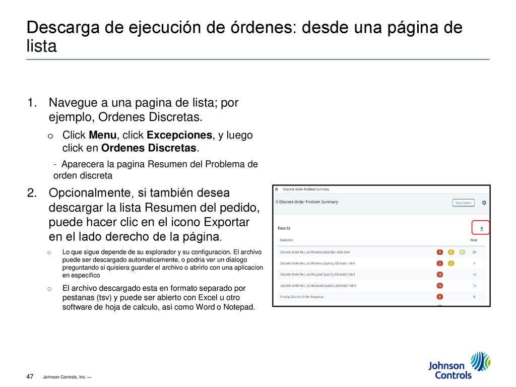 Descarga de ejecución de órdenes: desde una página de lista