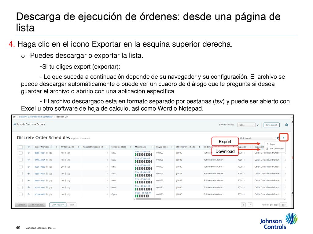 Descarga de ejecución de órdenes: desde una página de lista