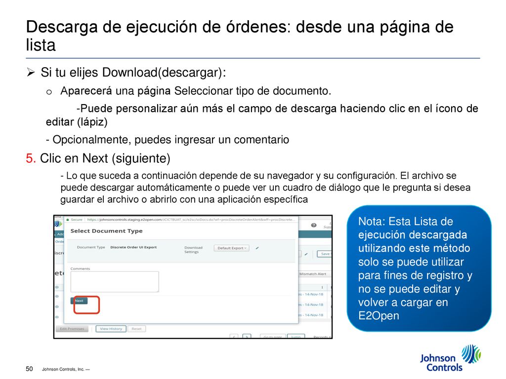 Descarga de ejecución de órdenes: desde una página de lista