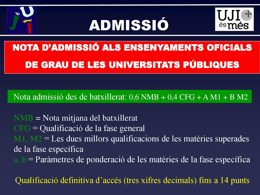 ADMISSIÓ NOTA D’ADMISSIÓ ALS ENSENYAMENTS OFICIALS DE GRAU DE LES UNIVERSITATS PÚBLIQUES.