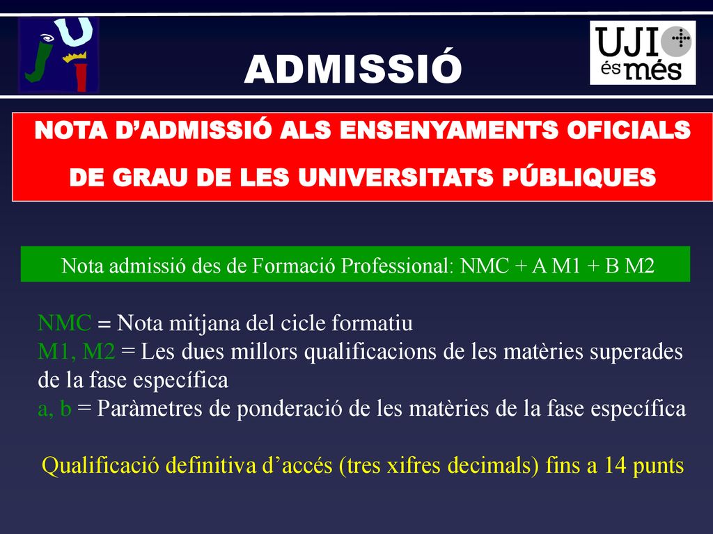 ADMISSIÓ NOTA D’ADMISSIÓ ALS ENSENYAMENTS OFICIALS DE GRAU DE LES UNIVERSITATS PÚBLIQUES.