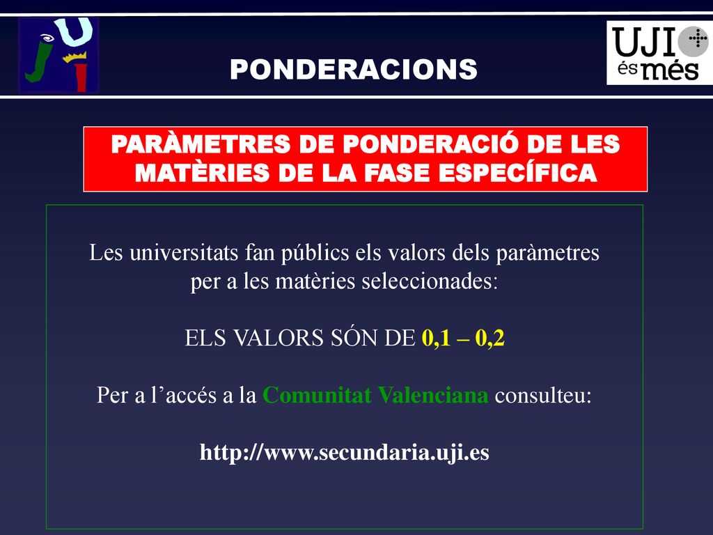 PARÀMETRES DE PONDERACIÓ DE LES MATÈRIES DE LA FASE ESPECÍFICA