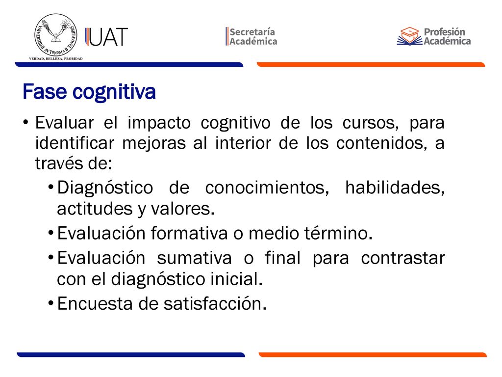 Fase cognitiva Evaluar el impacto cognitivo de los cursos, para identificar mejoras al interior de los contenidos, a través de: