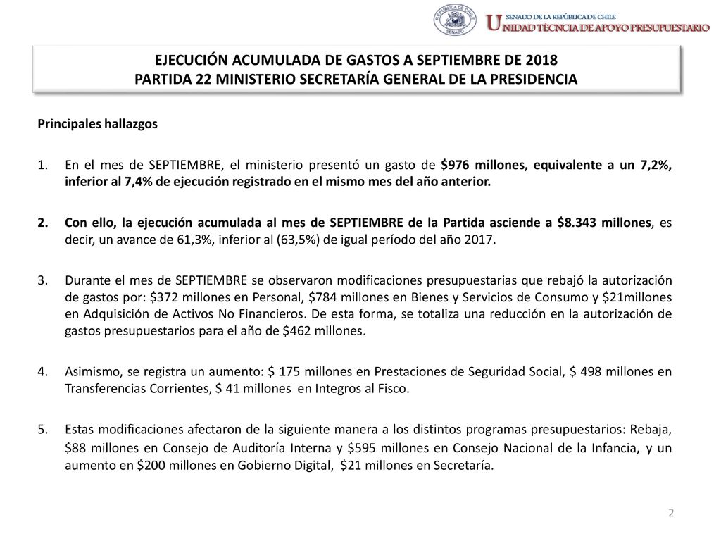 EJECUCIÓN ACUMULADA DE GASTOS A SEPTIEMBRE DE 2018 PARTIDA 22 MINISTERIO SECRETARÍA GENERAL DE LA PRESIDENCIA