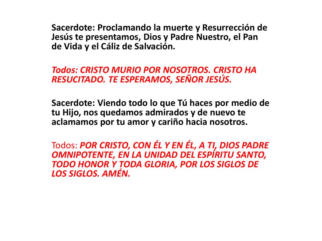 Sacerdote: Proclamando la muerte y Resurrección de Jesús te presentamos, Dios y Padre Nuestro, el Pan de Vida y el Cáliz de Salvación.